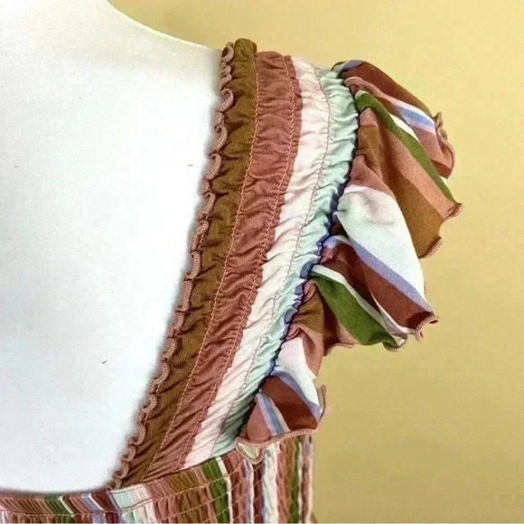 Nordstrom Striped Peasant Boho Ruffle SleeveFit Flare Mini Sun Dress Size M - Picture 10 of 15
